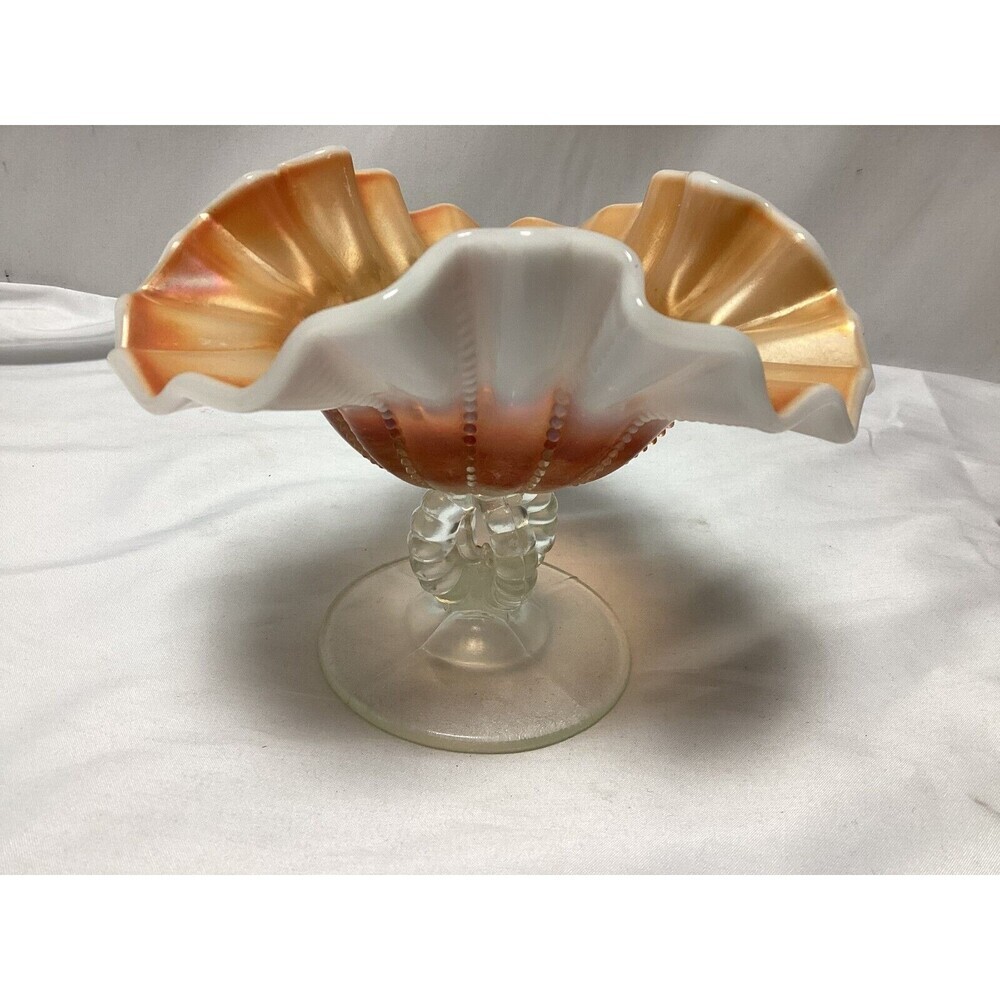 Dugan Beaded Panels Peach Opalescent Open Stemmed Carnival Glass Compote ca 1915